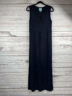 Escapada Dress Women's XS Black Beaded Scoop Neck Maxi Pockets Sleeveless Rayon